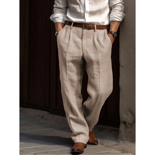 "Pantalon en lin pour homme, confortable, coupe ample, léger, style décontracté chic, idéal toutes occasions."