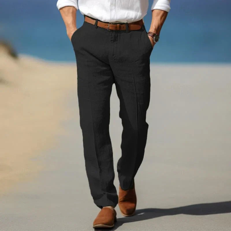 "Pantalon en lin pour homme, coupe ample, respirant, couleur tendance, parfait pour un style décontracté estival."
