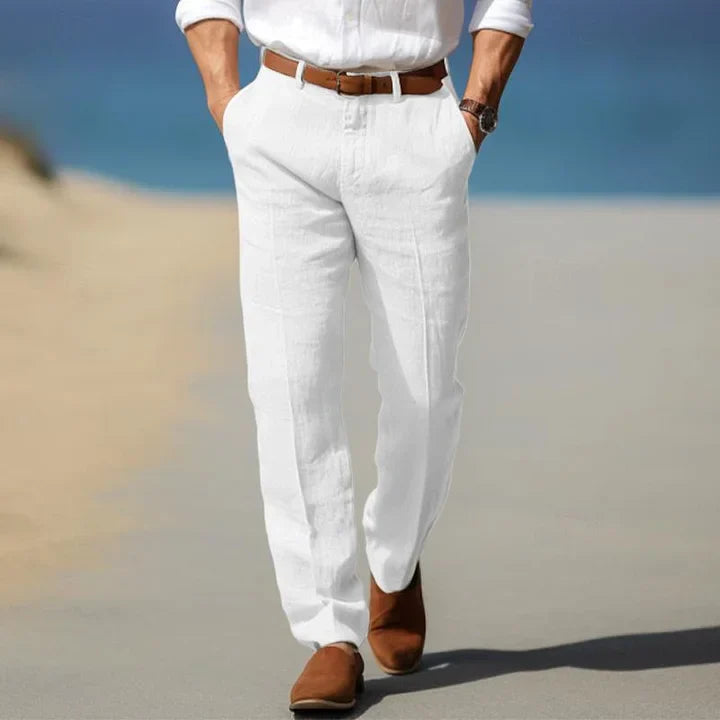 "Pantalon en lin pour homme, coupe ample, respirant, couleur tendance, parfait pour un style décontracté estival."
