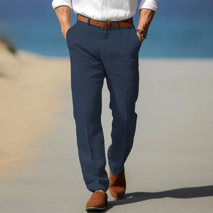 "Pantalon en lin pour homme, coupe ample, respirant, couleur tendance, parfait pour un style décontracté estival."