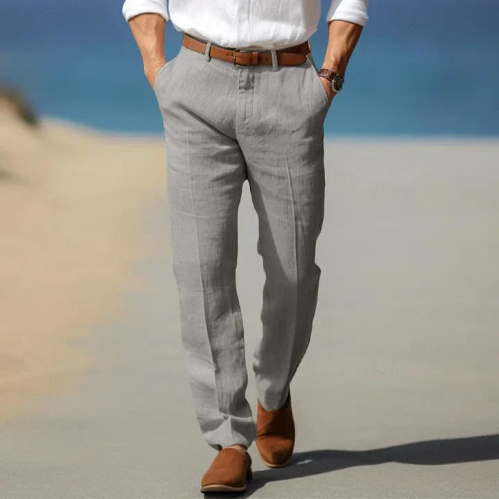 "Pantalon en lin pour homme, coupe ample, respirant, couleur tendance, parfait pour un style décontracté estival."