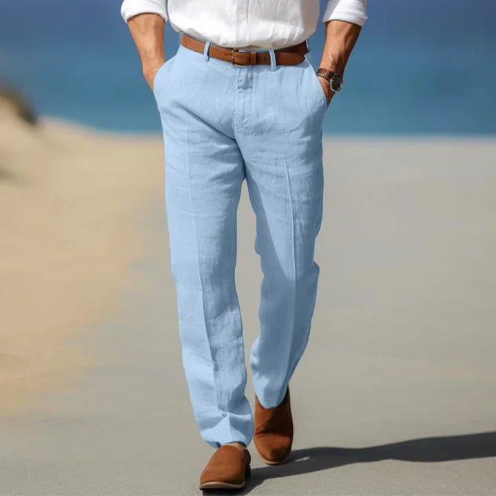 "Pantalon en lin pour homme, coupe ample, respirant, couleur tendance, parfait pour un style décontracté estival."