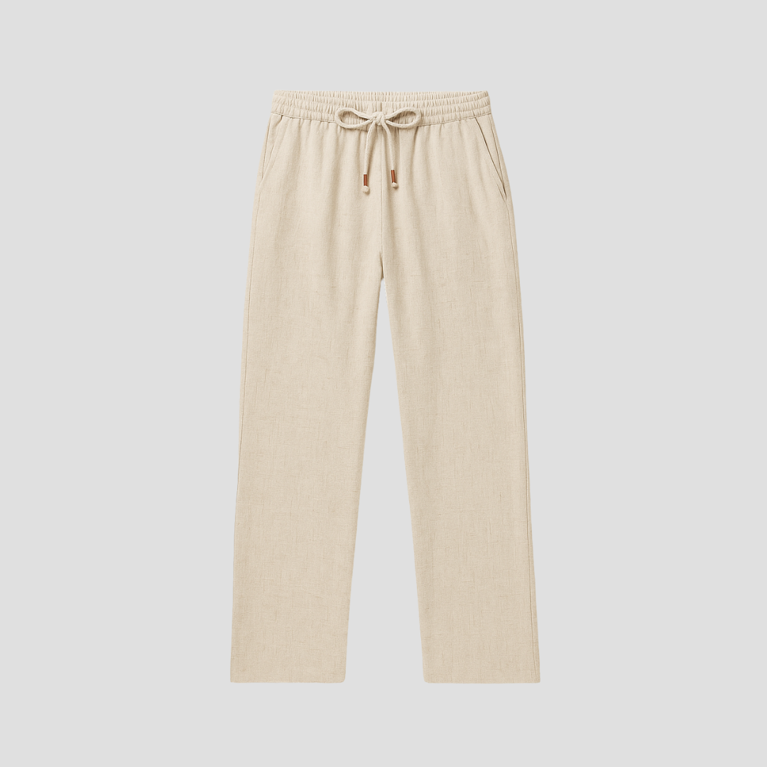 Pantalon en lin pour homme, coupe droite fluide, tissu respirant, cordon ajustable, style décontracté et élégant.
