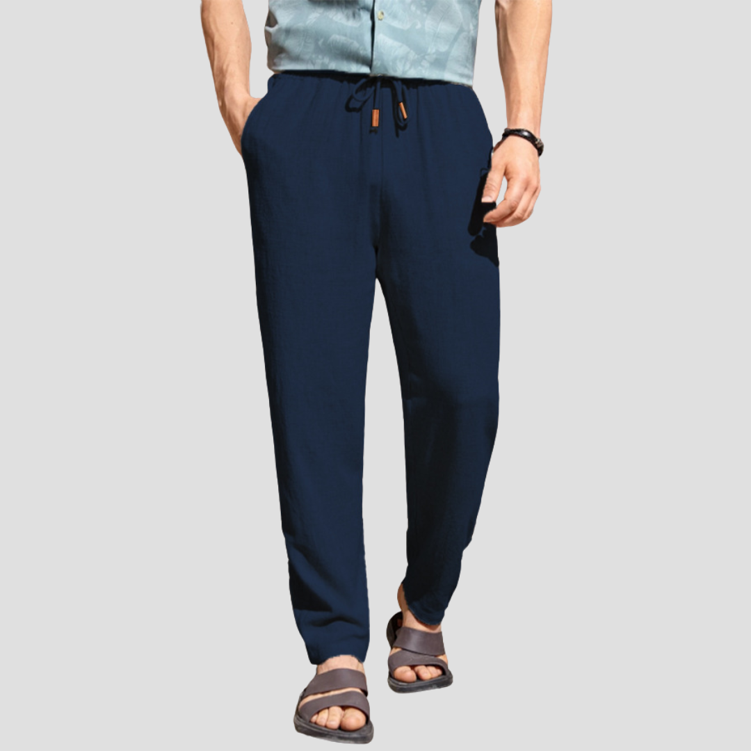Pantalon en lin pour homme, coupe droite fluide, tissu respirant, cordon ajustable, style décontracté et élégant.