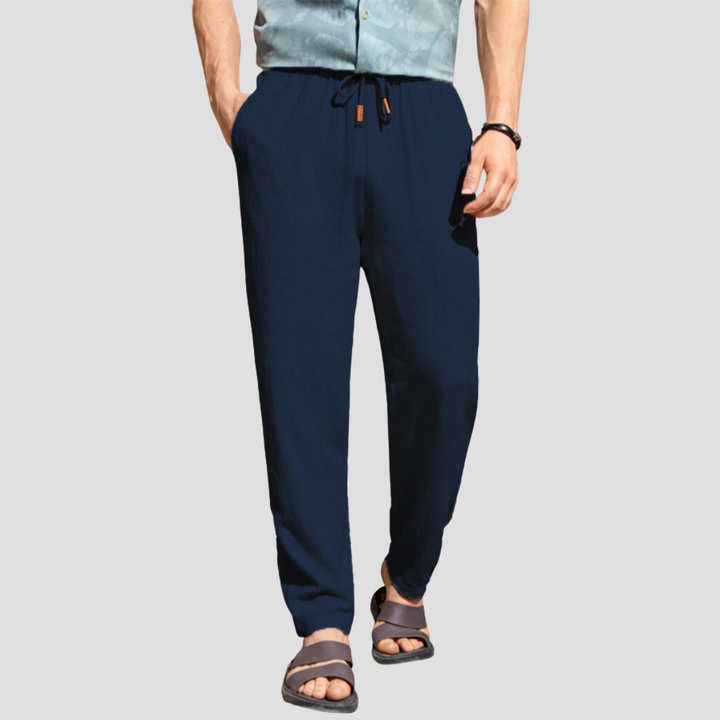 Pantalon en lin pour homme, coupe droite fluide, tissu respirant, cordon ajustable, style décontracté et élégant.