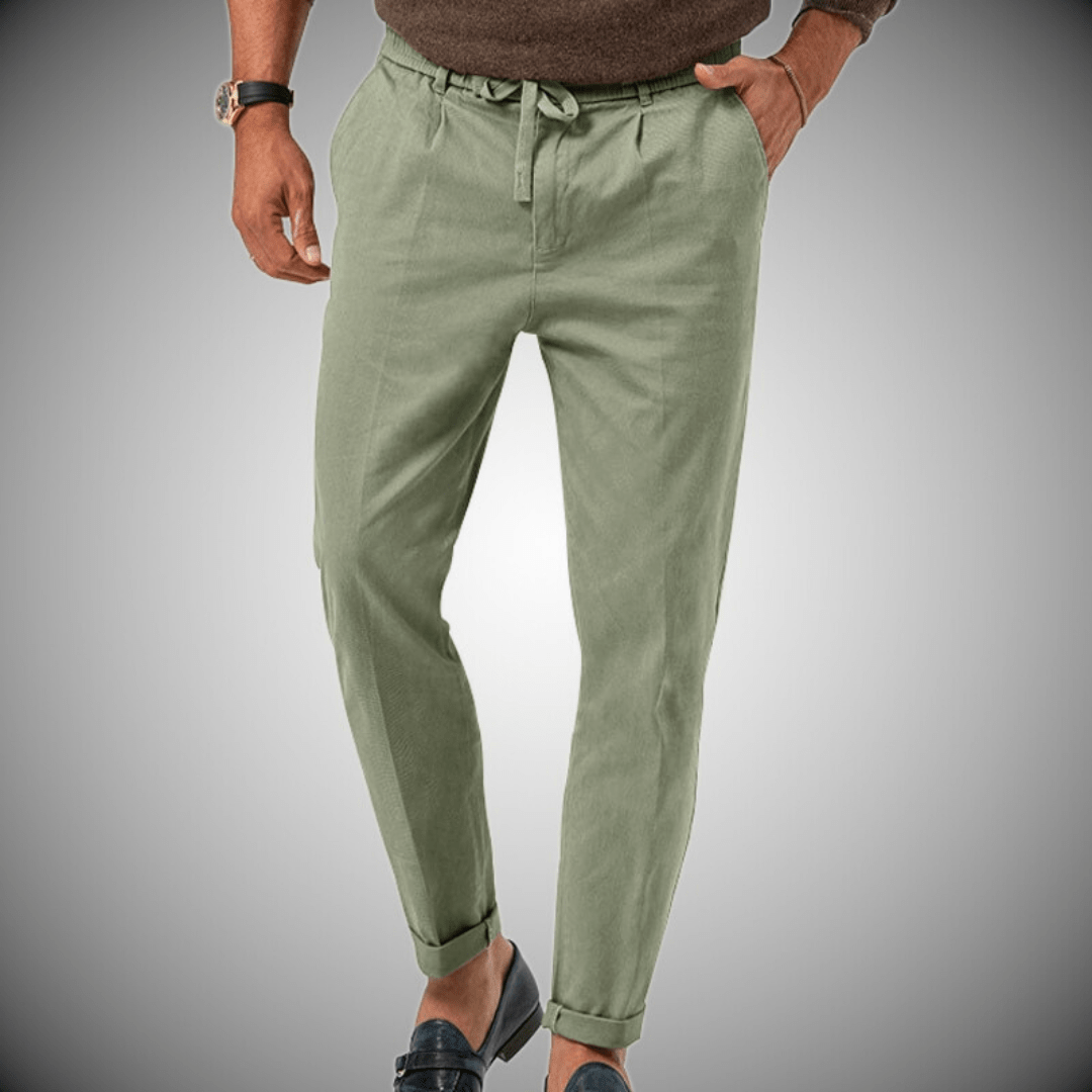 "Pantalon en lin pour homme, élégant et confortable, vue de face, coupe moderne, couleur beige."