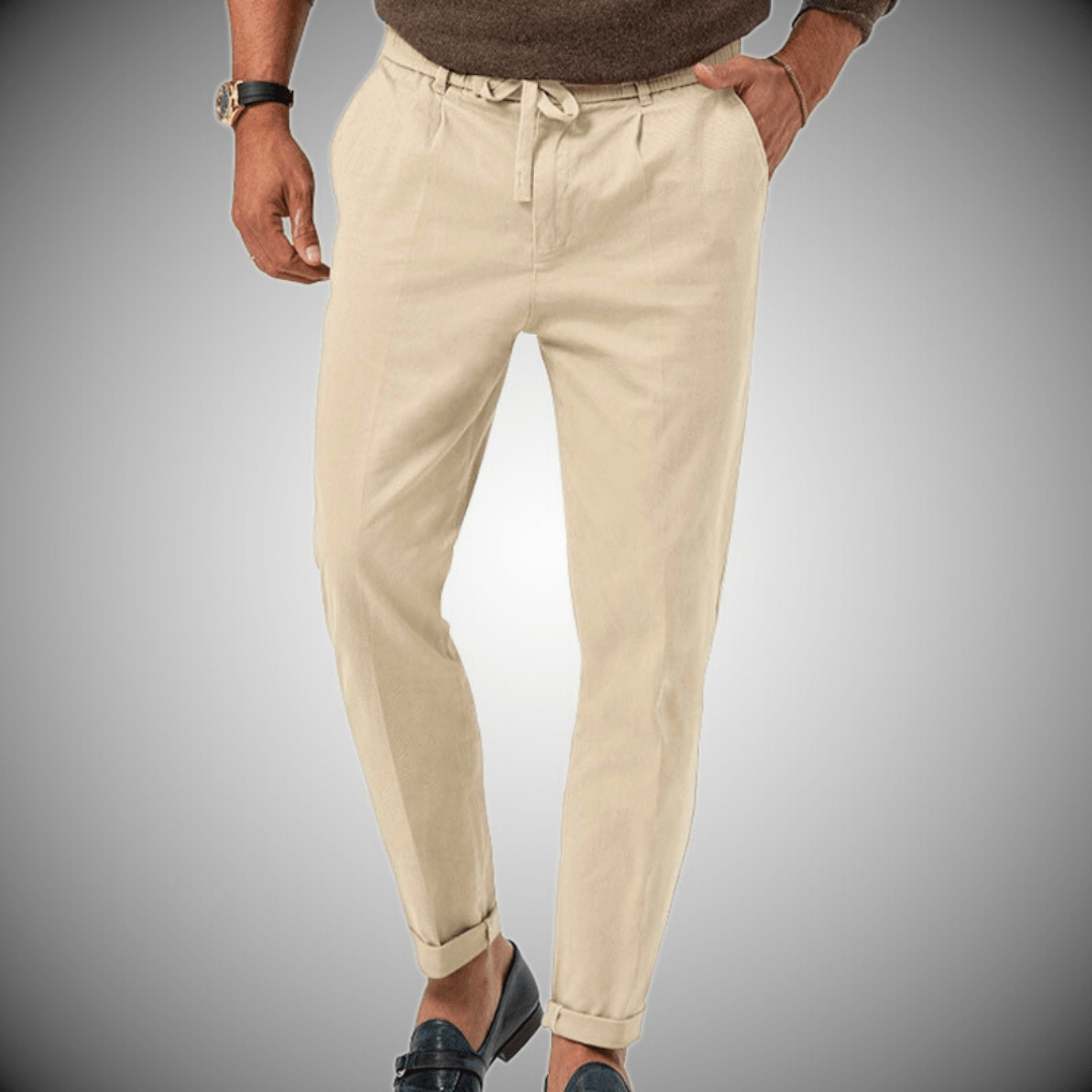 "Pantalon en lin pour homme, élégant et confortable, vue de face, coupe moderne, couleur beige."