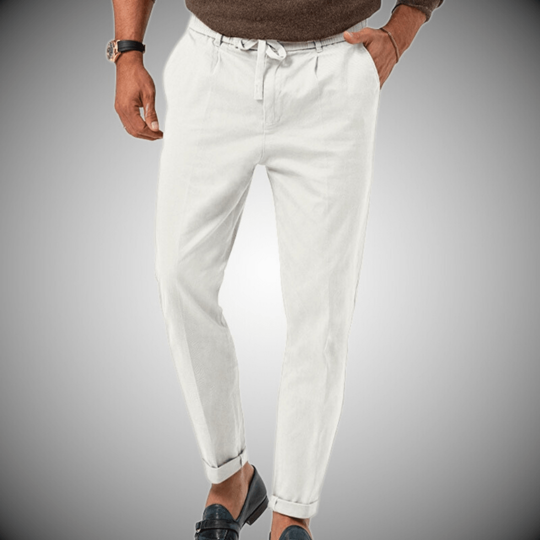 "Pantalon en lin pour homme, élégant et confortable, vue de face, coupe moderne, couleur beige."