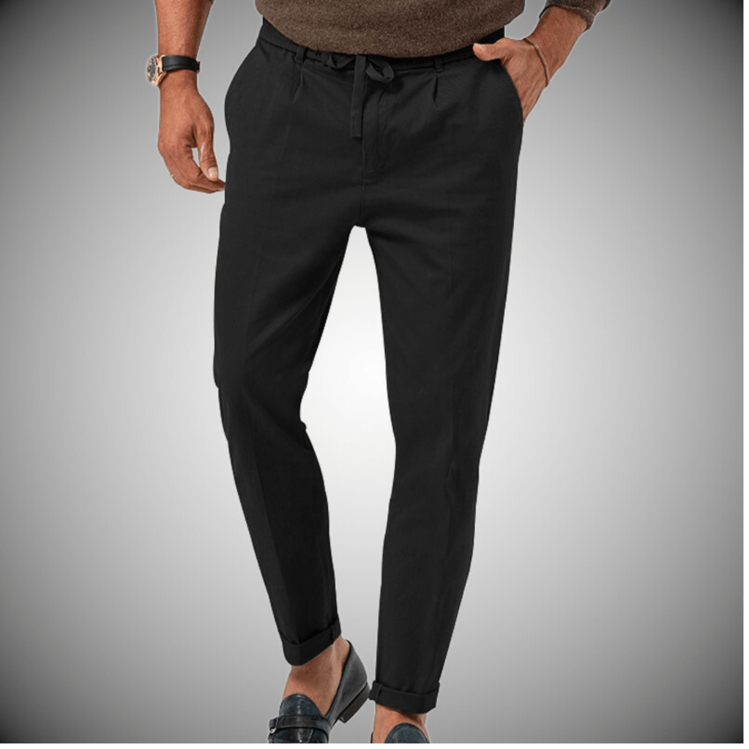 "Pantalon en lin pour homme, élégant et confortable, vue de face, coupe moderne, couleur beige."