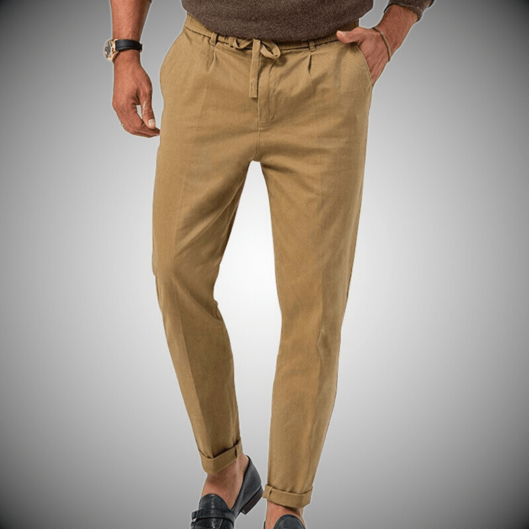 "Pantalon en lin pour homme, élégant et confortable, vue de face, coupe moderne, couleur beige."