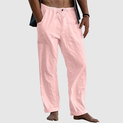 "Pantalon en lin pour hommes avec cordon ajustable, style décontracté, couleur claire, tissu respirant."