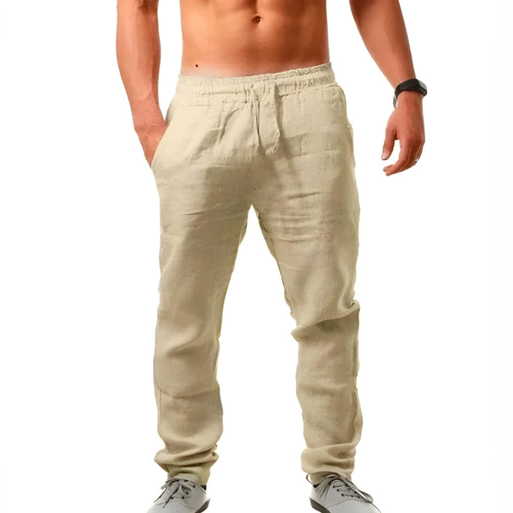 "Pantalon en lin pour hommes, coupe décontractée, léger et élégant, idéal pour temps chaud, couleur neutre"