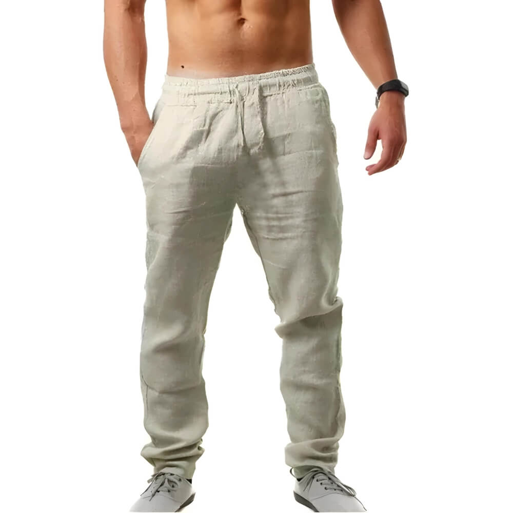 "Pantalon en lin pour hommes, coupe décontractée, léger et élégant, idéal pour temps chaud, couleur neutre"