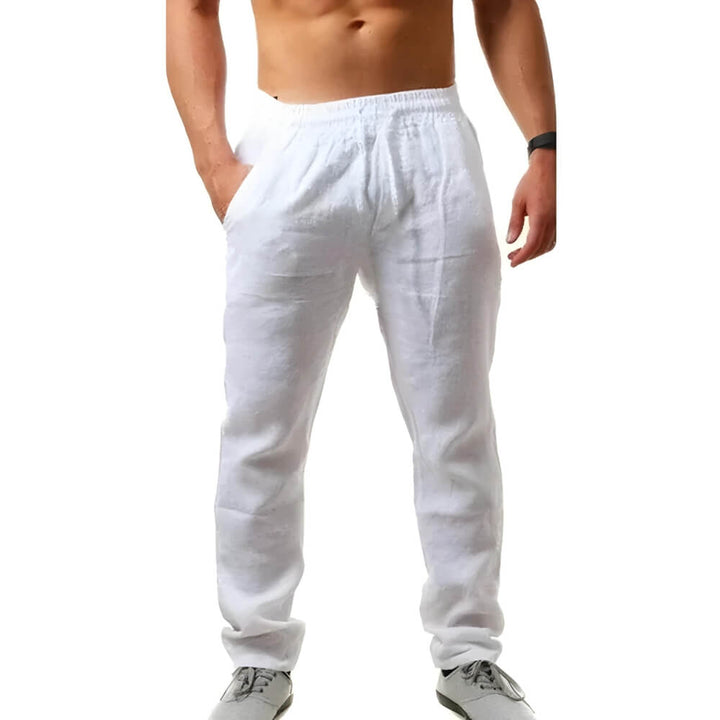 "Pantalon en lin pour hommes, coupe décontractée, léger et élégant, idéal pour temps chaud, couleur neutre"