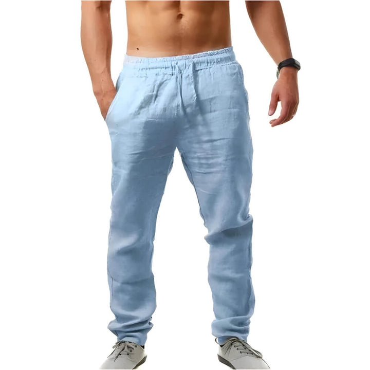 "Pantalon en lin pour hommes, coupe décontractée, léger et élégant, idéal pour temps chaud, couleur neutre"