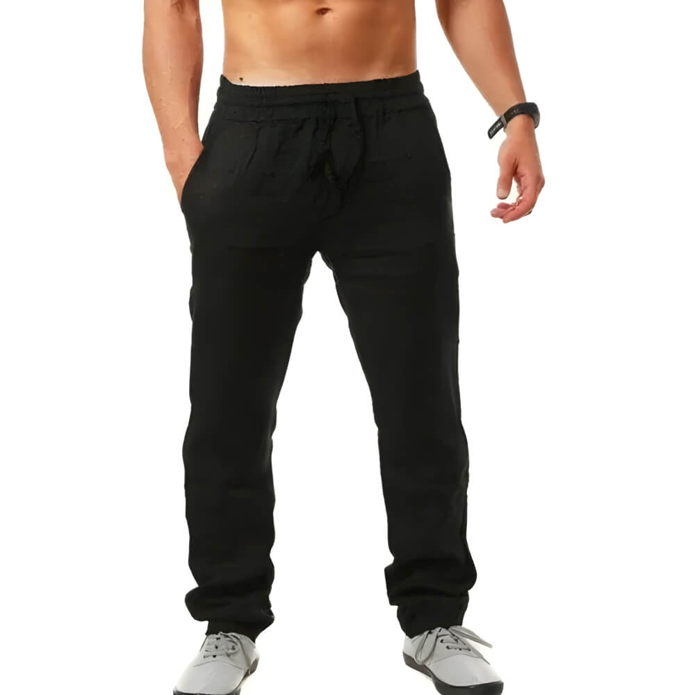 "Pantalon en lin pour hommes, coupe décontractée, léger et élégant, idéal pour temps chaud, couleur neutre"