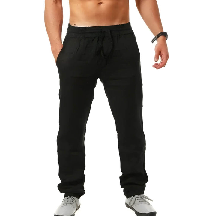 "Pantalon en lin pour hommes, coupe décontractée, léger et élégant, idéal pour temps chaud, couleur neutre"