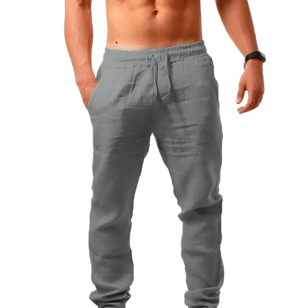 "Pantalon en lin pour hommes, coupe décontractée, léger et élégant, idéal pour temps chaud, couleur neutre"