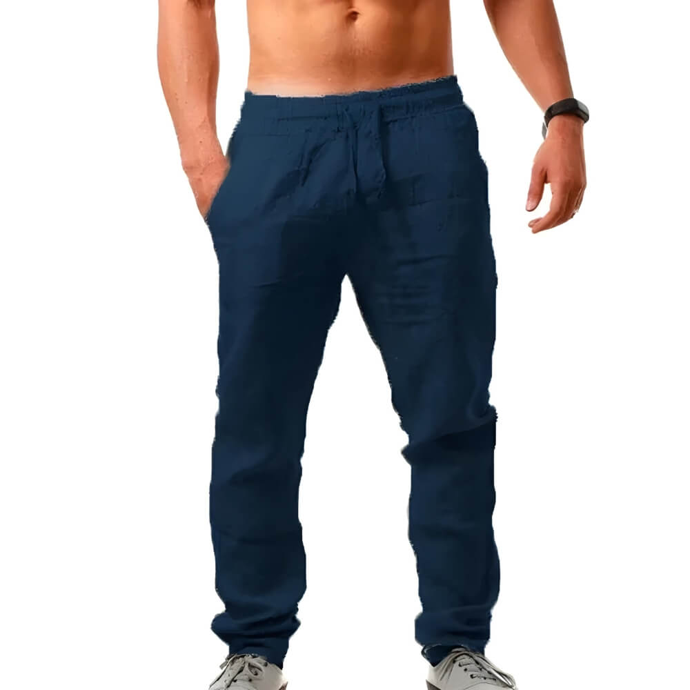 "Pantalon en lin pour hommes, coupe décontractée, léger et élégant, idéal pour temps chaud, couleur neutre"