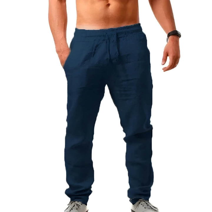 "Pantalon en lin pour hommes, coupe décontractée, léger et élégant, idéal pour temps chaud, couleur neutre"