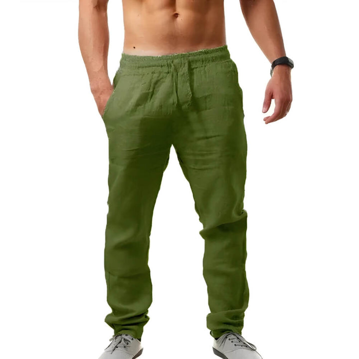 "Pantalon en lin pour hommes, coupe décontractée, léger et élégant, idéal pour temps chaud, couleur neutre"