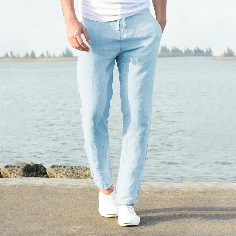 Pantalon en lin pour hommes, coupe décontractée, tissu léger et respirant, idéal pour l'été et les sorties décontractées.