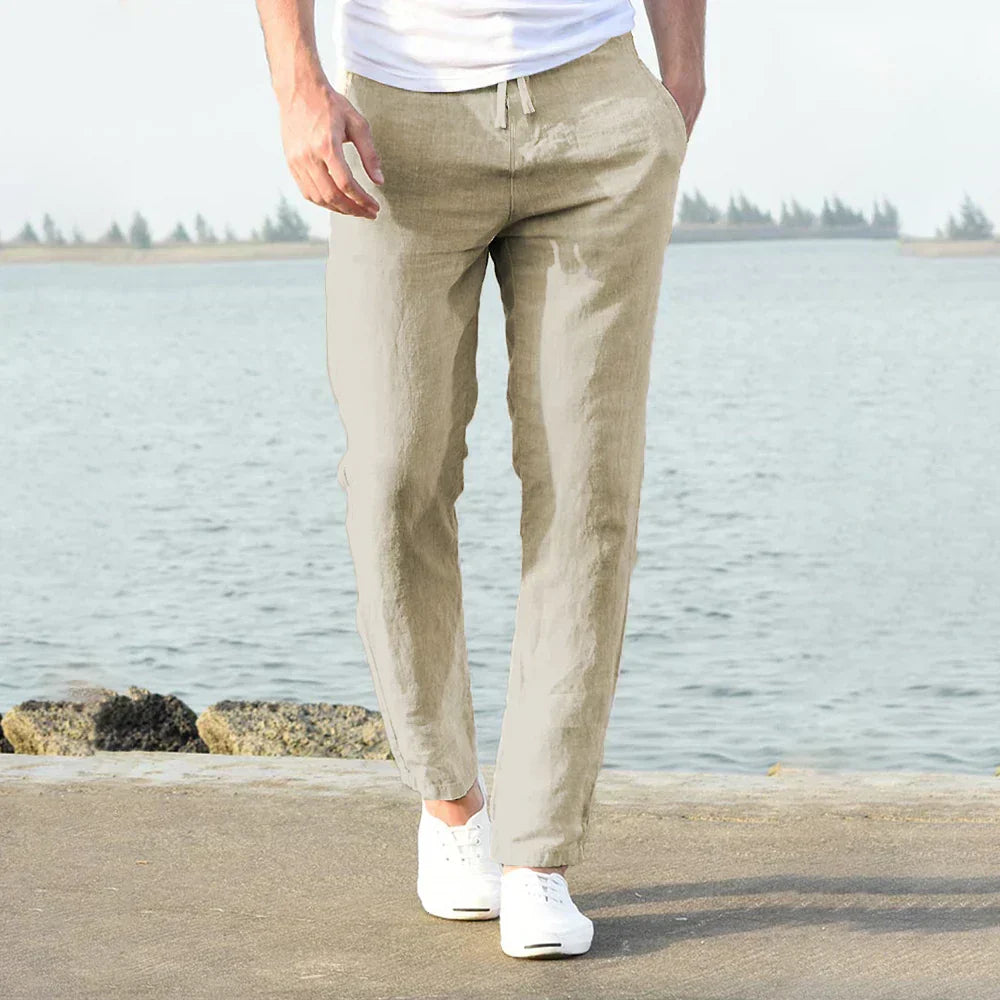 Pantalon en lin pour hommes, coupe décontractée, tissu léger et respirant, idéal pour l'été et les sorties décontractées.