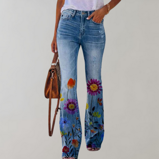 "Pantalon évasé femme, imprimé floral coloré, coupe flatteuse, idéal pour style et confort en été"
