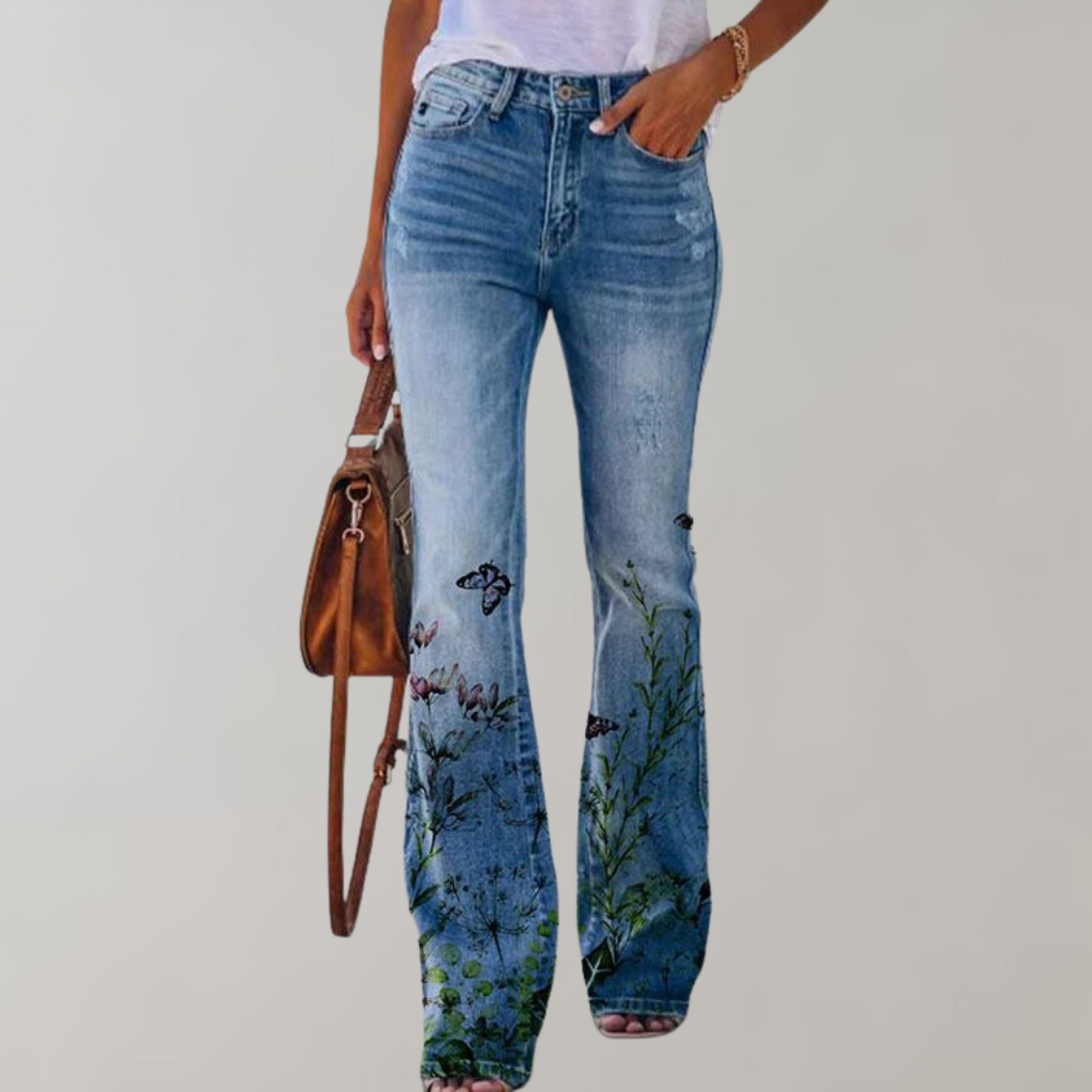 "Pantalon évasé femme, imprimé floral coloré, coupe flatteuse, idéal pour style et confort en été"