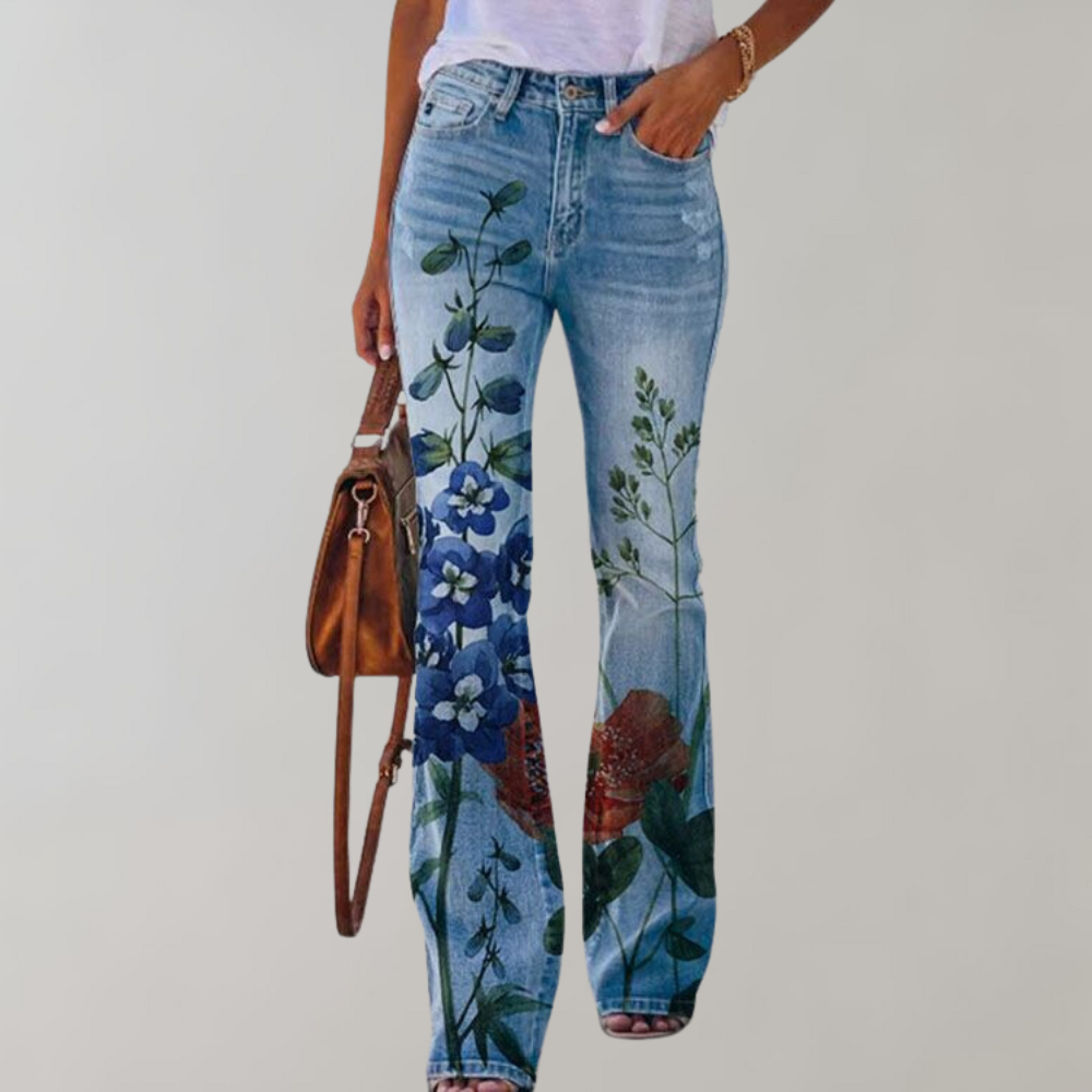 "Pantalon évasé femme, imprimé floral coloré, coupe flatteuse, idéal pour style et confort en été"