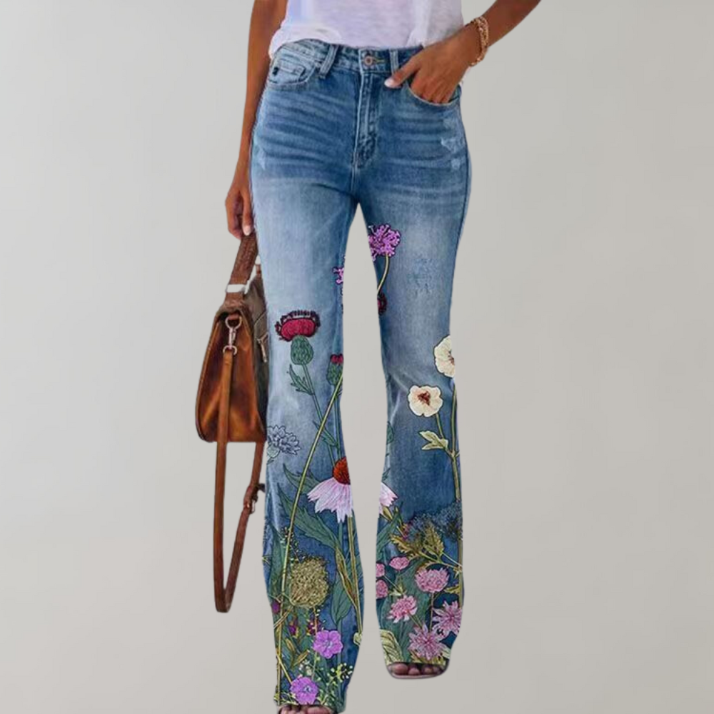 "Pantalon évasé femme, imprimé floral coloré, coupe flatteuse, idéal pour style et confort en été"