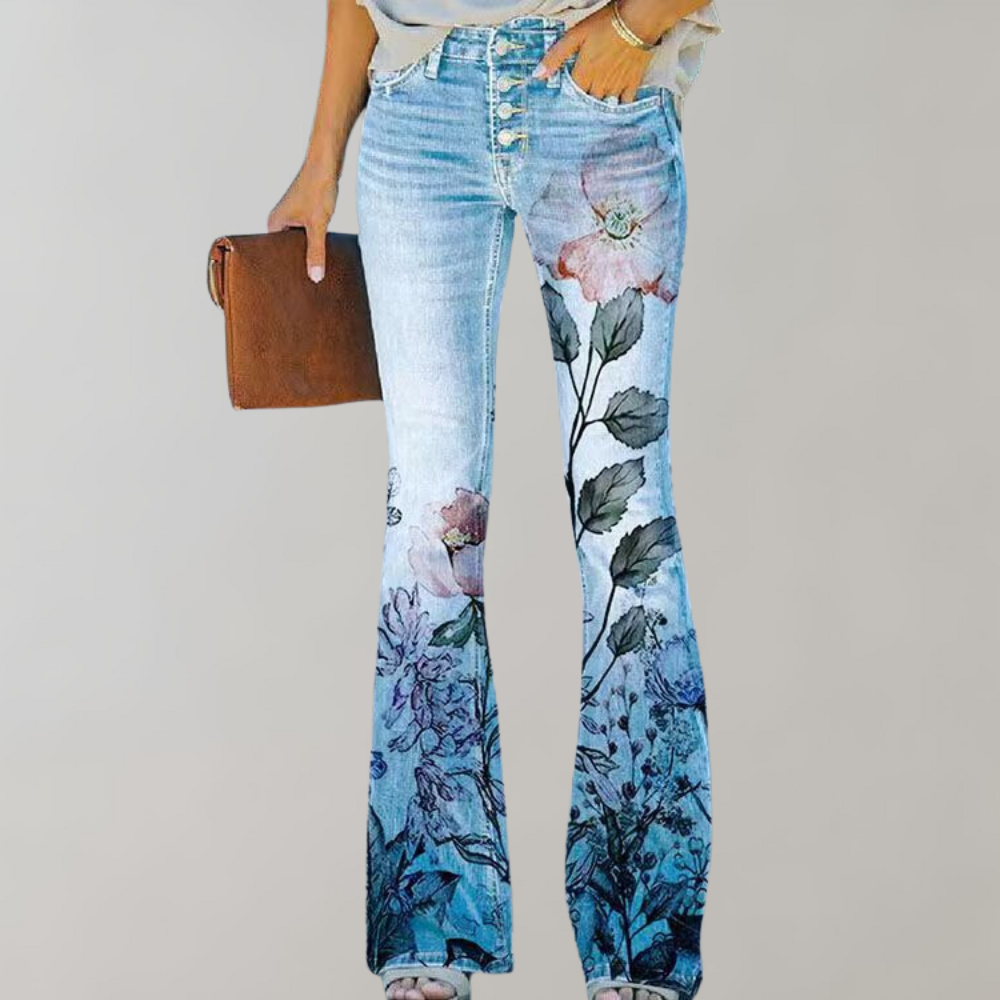 "Pantalon évasé femme, imprimé floral coloré, coupe flatteuse, idéal pour style et confort en été"