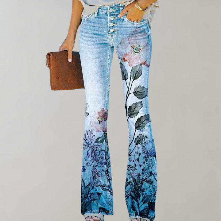 "Pantalon évasé femme, imprimé floral coloré, coupe flatteuse, idéal pour style et confort en été"
