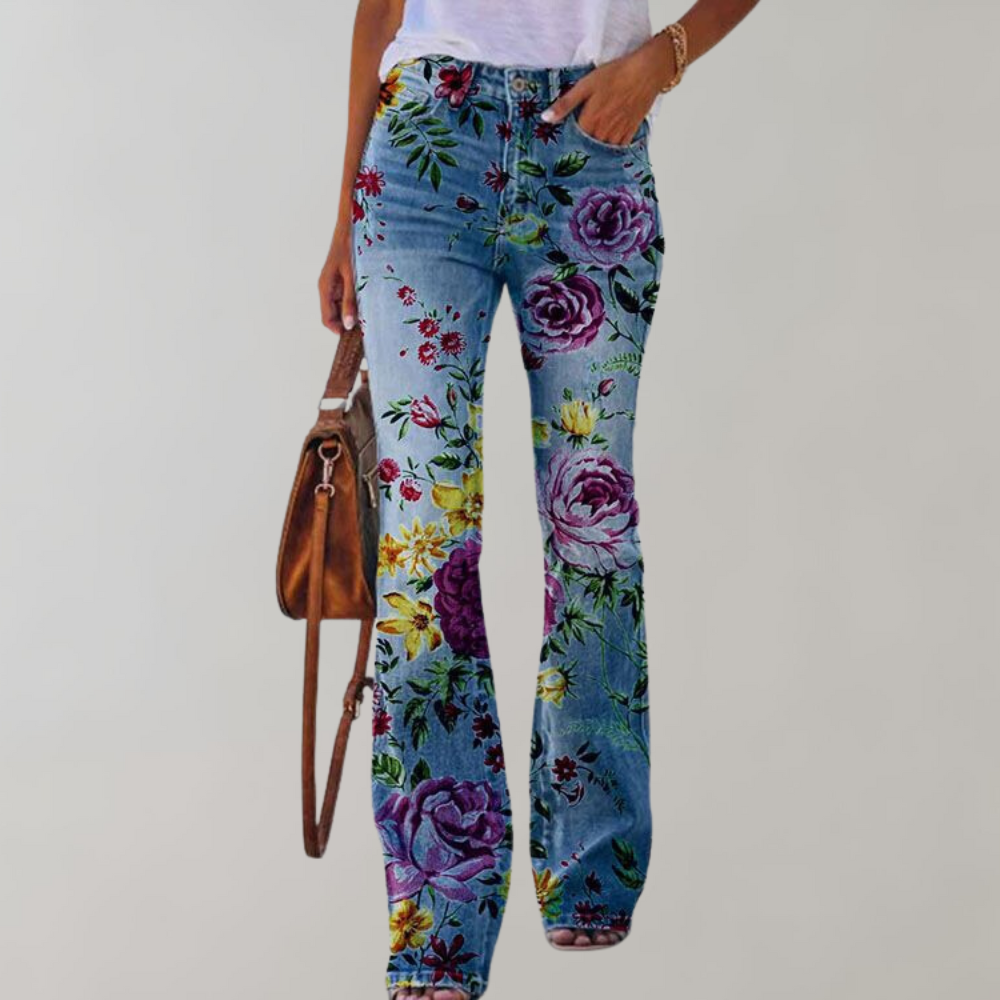 "Pantalon évasé femme, imprimé floral coloré, coupe flatteuse, idéal pour style et confort en été"