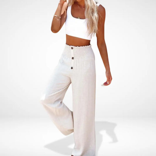 "Pantalon femme ample taille froncée, détails boutons, coupe fluide et élégante, style moderne et confortable."