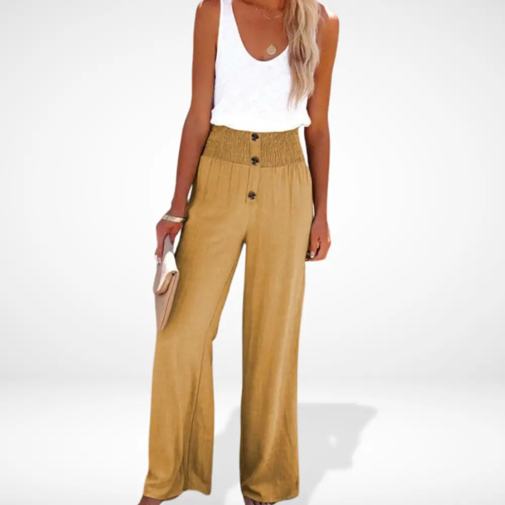 "Pantalon femme ample taille froncée, détails boutons, coupe fluide et élégante, style moderne et confortable."
