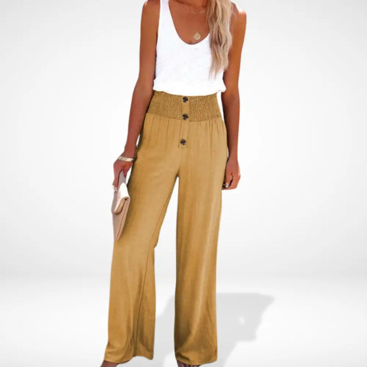 "Pantalon femme ample taille froncée, détails boutons, coupe fluide et élégante, style moderne et confortable."