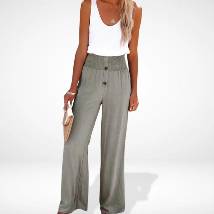 "Pantalon femme ample taille froncée, détails boutons, coupe fluide et élégante, style moderne et confortable."