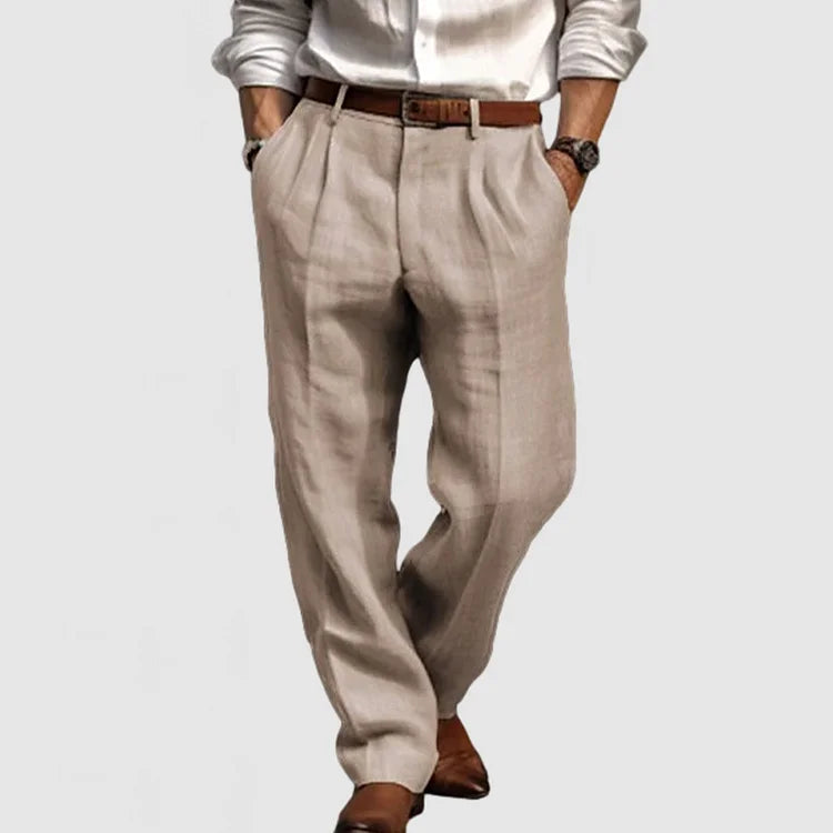 "Pantalon homme droit coton lin, style décontracté élégant, tissu respirant, idéal journées chaudes ou occasions semi-formell