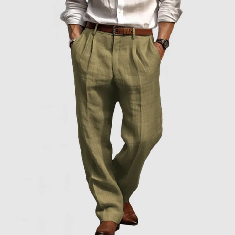 "Pantalon homme droit coton lin, style décontracté élégant, tissu respirant, idéal journées chaudes ou occasions semi-formell