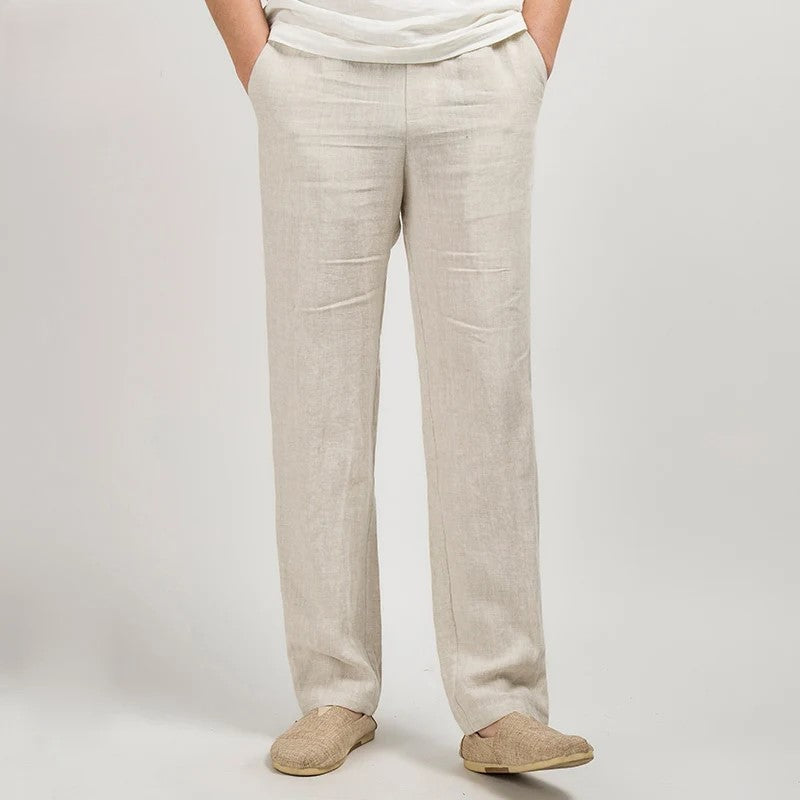 "Pantalon homme en lin léger, coupe droite ample, idéal pour temps chaud, longueur cheville, coloris tendance"