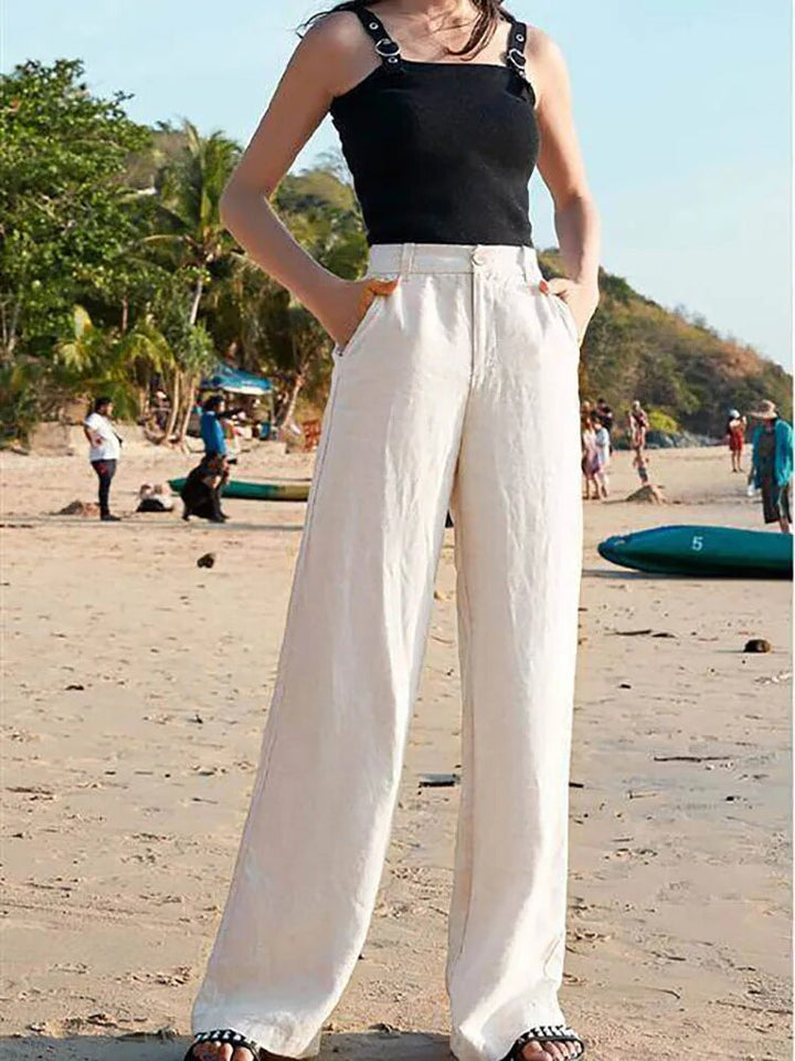 "Pantalon large décontracté en lin léger pour femme, style estival, disponible en beige, blanc et noir."
