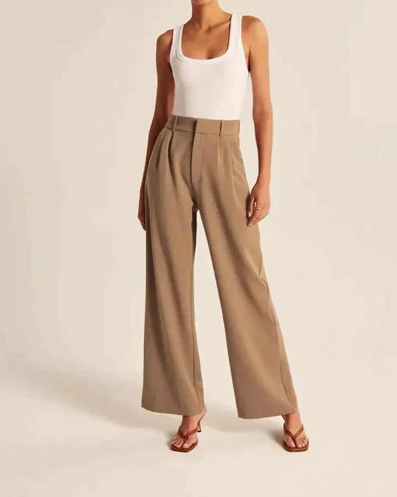 Pantalon large femme beige, taille haute, coupe élégante et confortable, allonge les jambes, idéal pour toutes occasions.