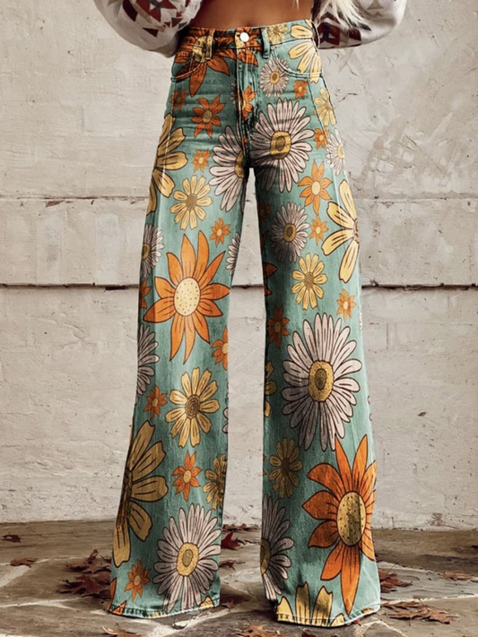 "Pantalon large femme vintage, coupe ample en denim avec motifs chic, élégance et confort pour un style unique et original."