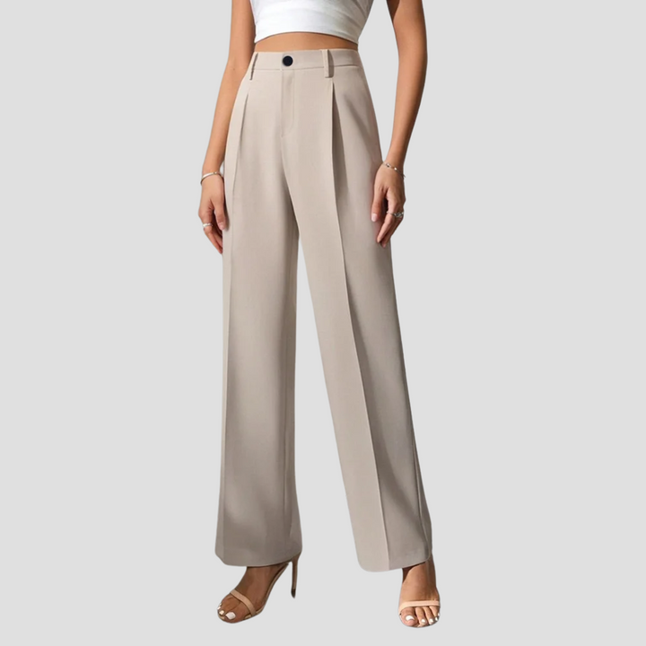 "Pantalon large taille haute en polyester, coupe droite, plis frontaux, élégance moderne pour femme"