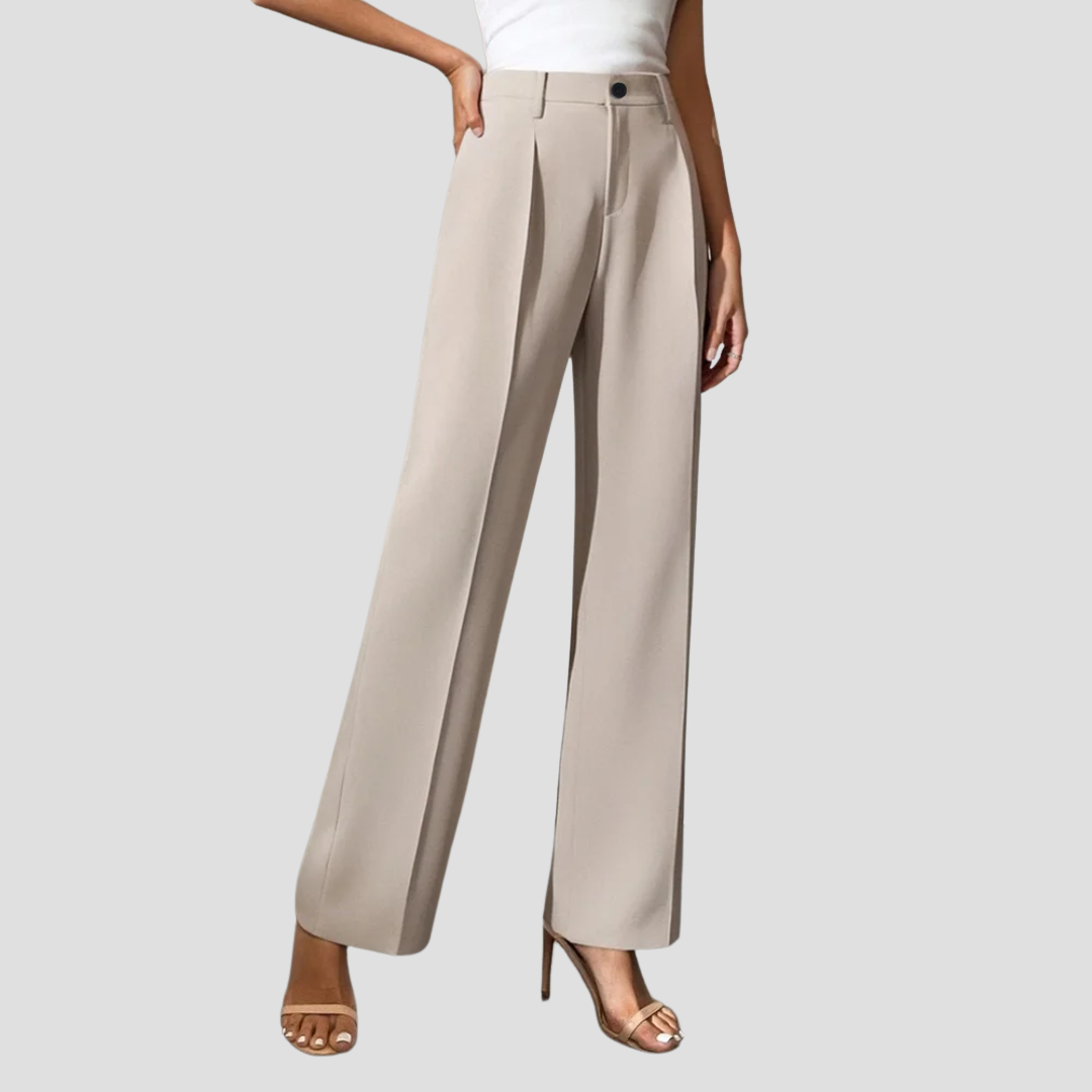 "Pantalon large taille haute en polyester, coupe droite, plis frontaux, élégance moderne pour femme"
