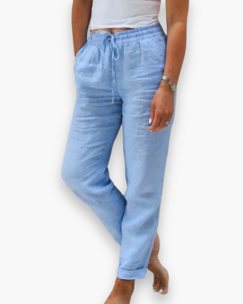 "Pantalon léger femme fluide, taille élastique, tissu doux, poches pratiques, parfait pour style chic décontracté quotidien."