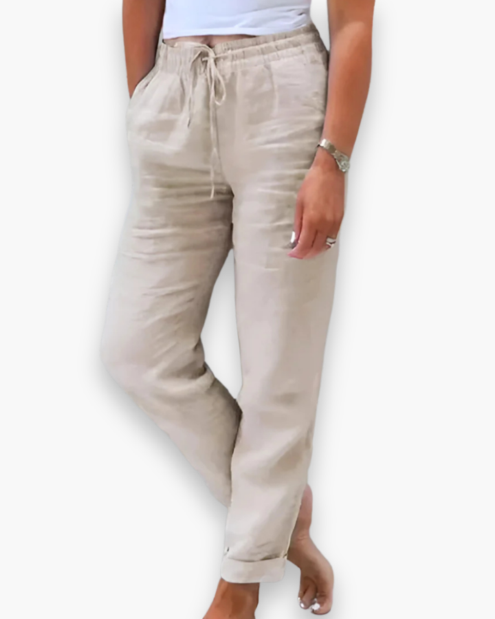 "Pantalon léger femme fluide, taille élastique, tissu doux, poches pratiques, parfait pour style chic décontracté quotidien."