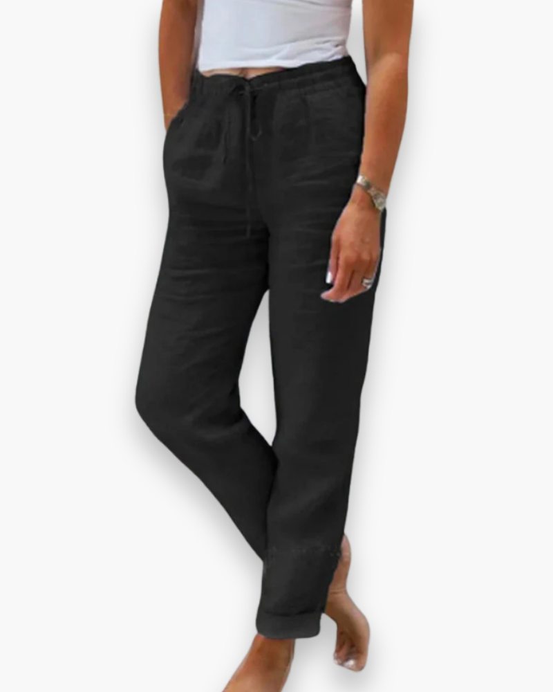 "Pantalon léger femme fluide, taille élastique, tissu doux, poches pratiques, parfait pour style chic décontracté quotidien."