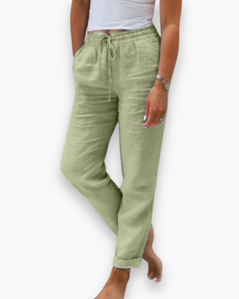 "Pantalon léger femme fluide, taille élastique, tissu doux, poches pratiques, parfait pour style chic décontracté quotidien."